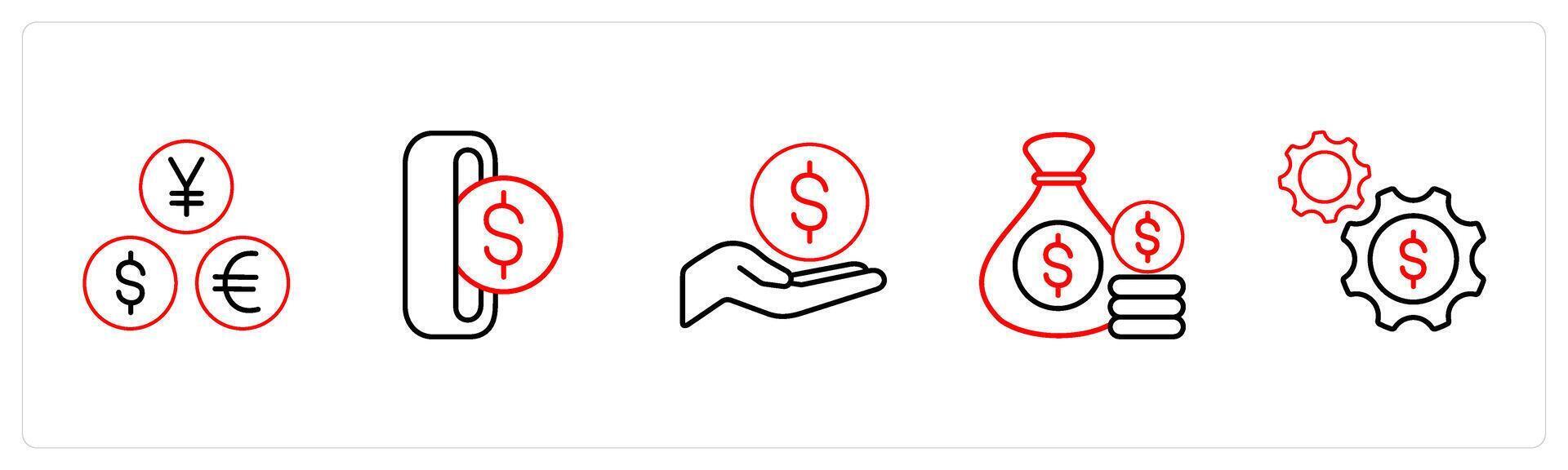 A set of 5 ecommerce and shopping icons such as currency, pay, donation in red line color vector