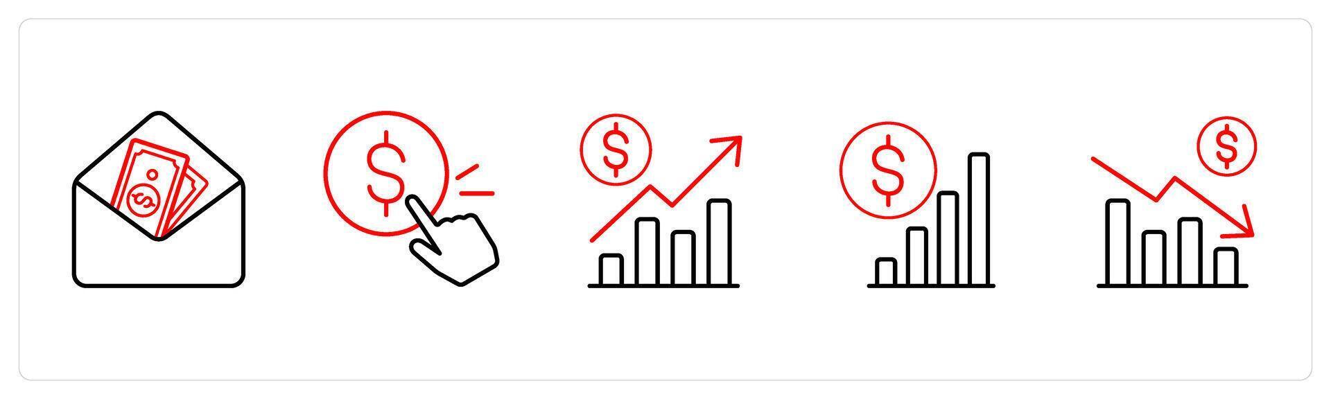 A set of 5 ecommerce and shopping icons such as email funds, pay per click in red line color vector