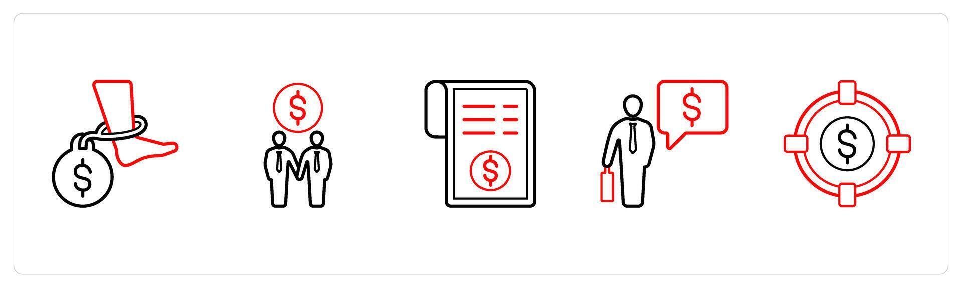 A set of 5 ecommerce and shopping icons such as debt, partnership, invoice in red line color vector