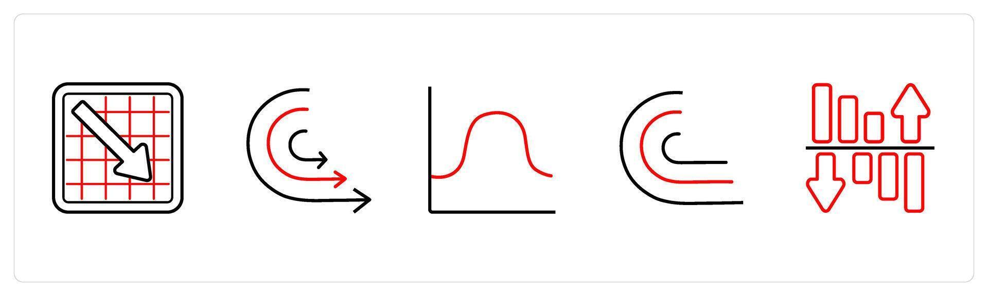 A set of 5 diagram and report icons such as stock market loss, comparison in red line color vector