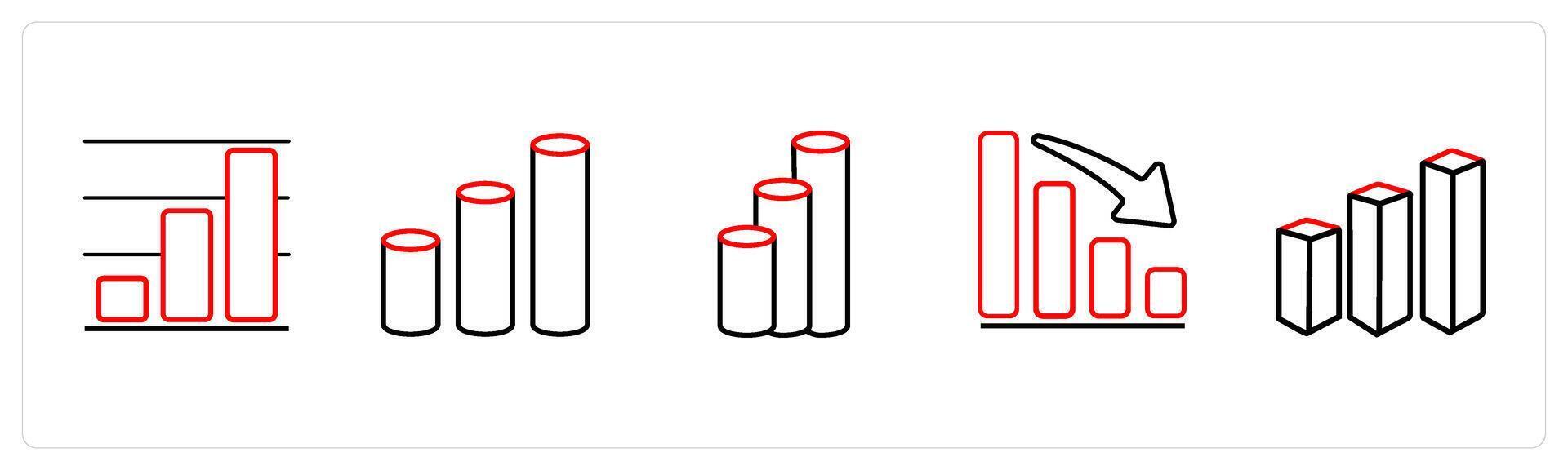A set of 5 diagram and report icons such as organization report in red line color vector