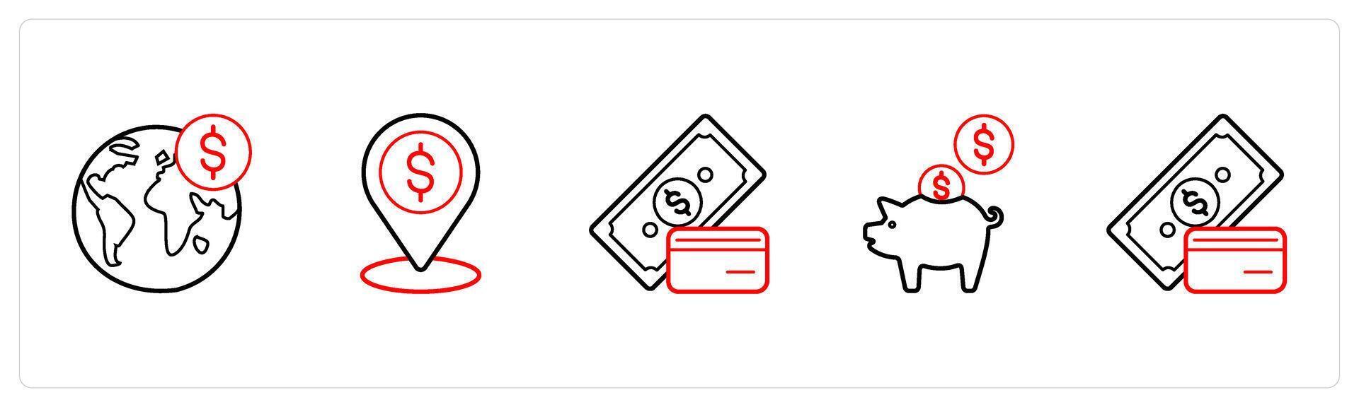 A set of 5 finance and money icons such as world bank, bank location in red line color vector