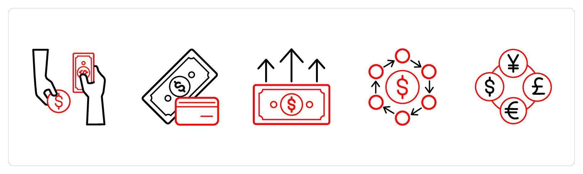 A set of 5 finance and money icons such as money change, currency in red line color vector