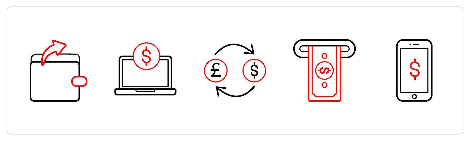 A set of 5 finance and money icons such as expenses, online payment in red line color vector