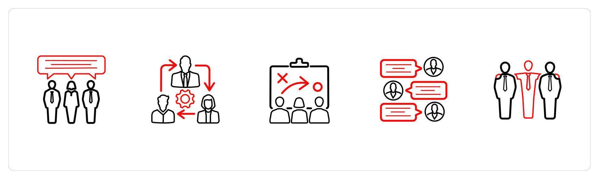 communication, teamwork, strategy, in red line color vector