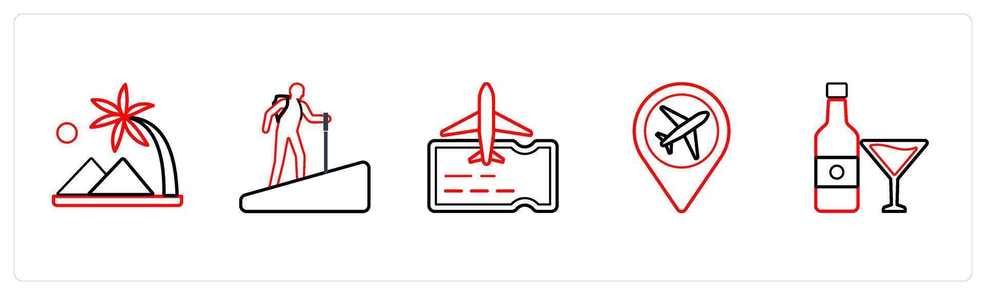 mountains, hiking, flight travel in red line color vector