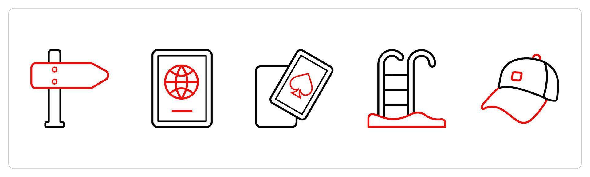direction, passport, cards in red line color vector
