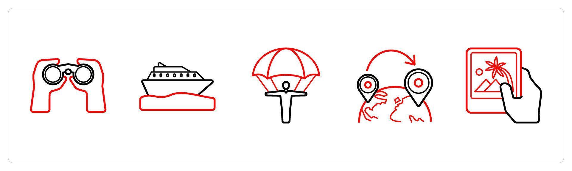 binocular, cruise, landing parachute in red line color vector