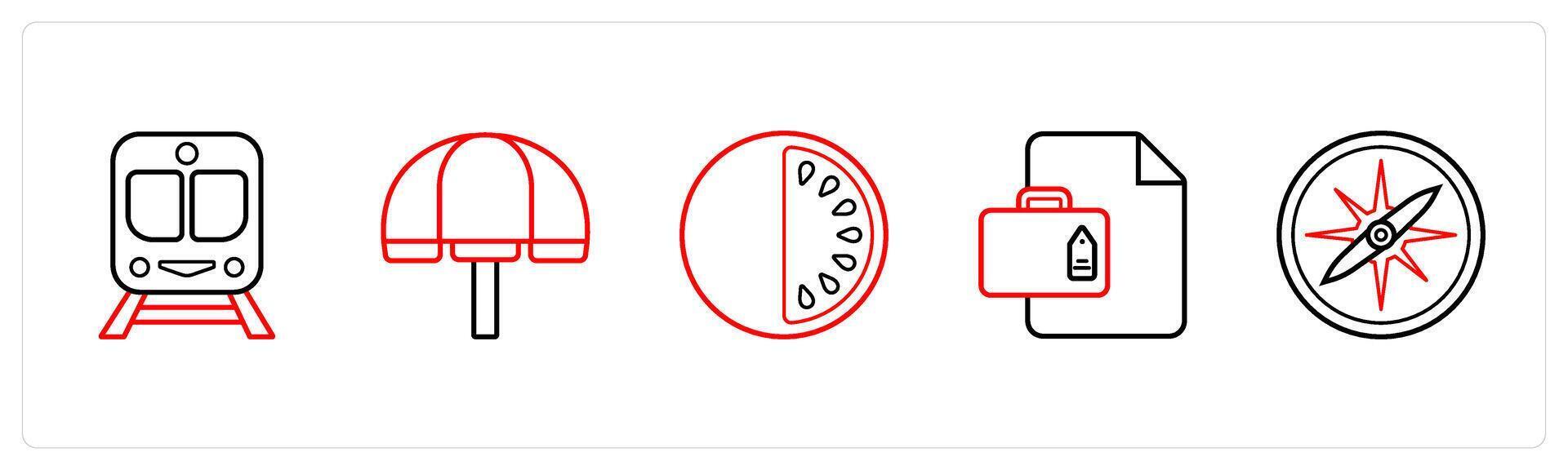 train, beach, watermelon in red line color vector