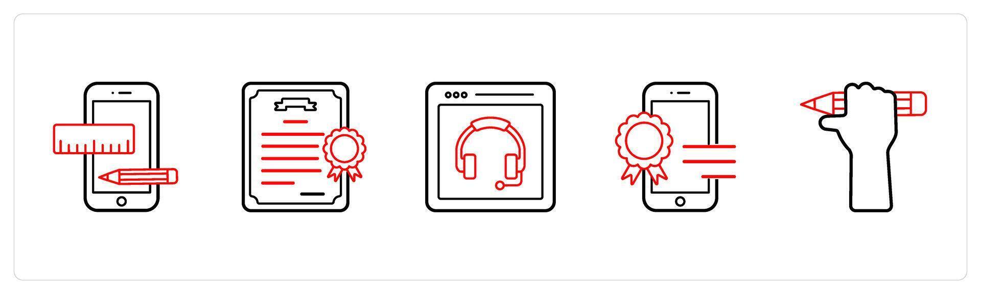 graphic, certificate, audio in red line color vector