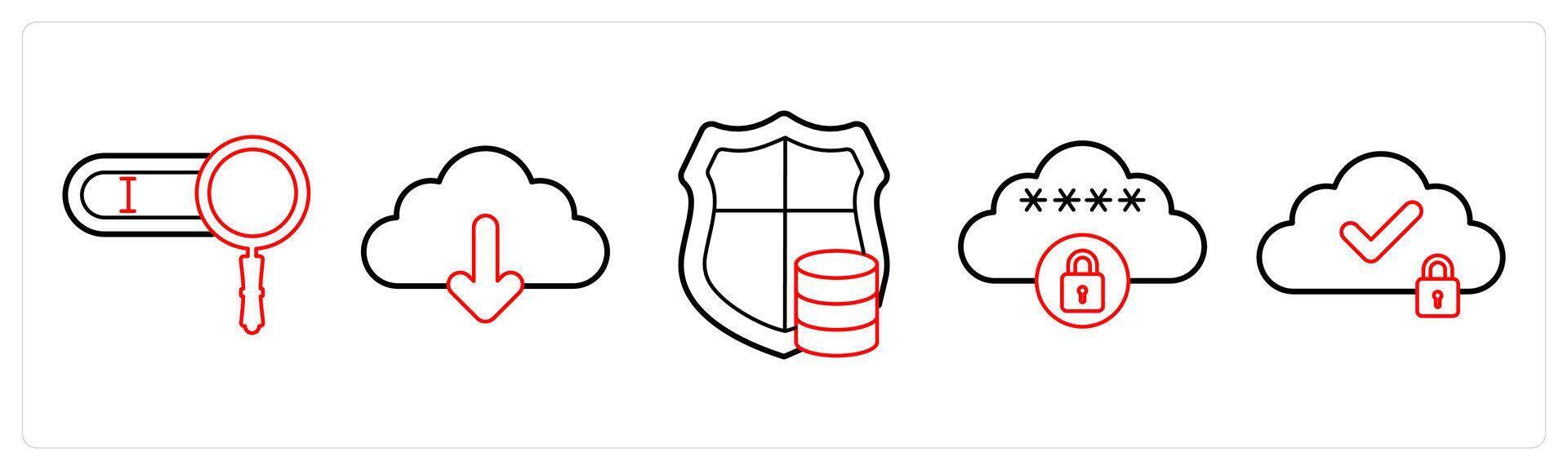A set of 5 big data icons as search bar, cloud download, server security in red line color vector