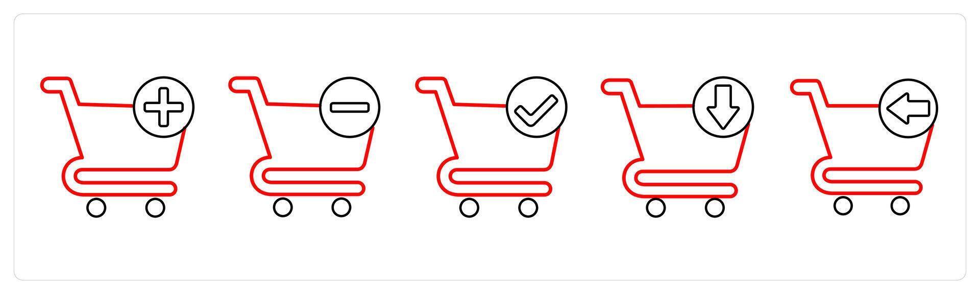 A set of 5 cart icons as add to cart, remove from cart, verified cart in red line color vector