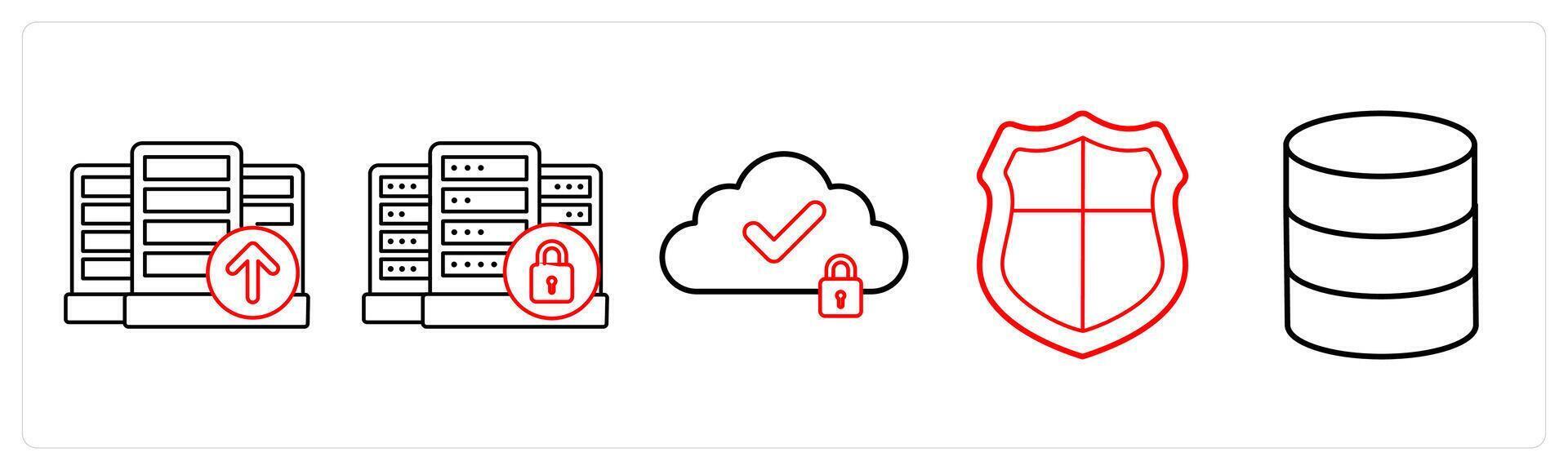 A set of 5 big data icons as upload on server, server security, cloud security in red line color vector