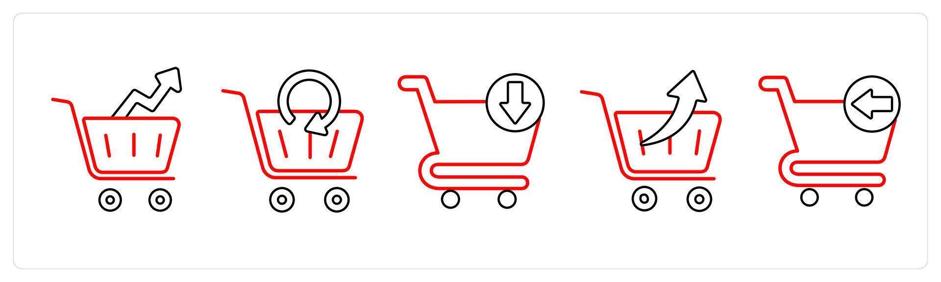A set of 5 cart icons as ecommerce, update cart, download cart in red line color vector