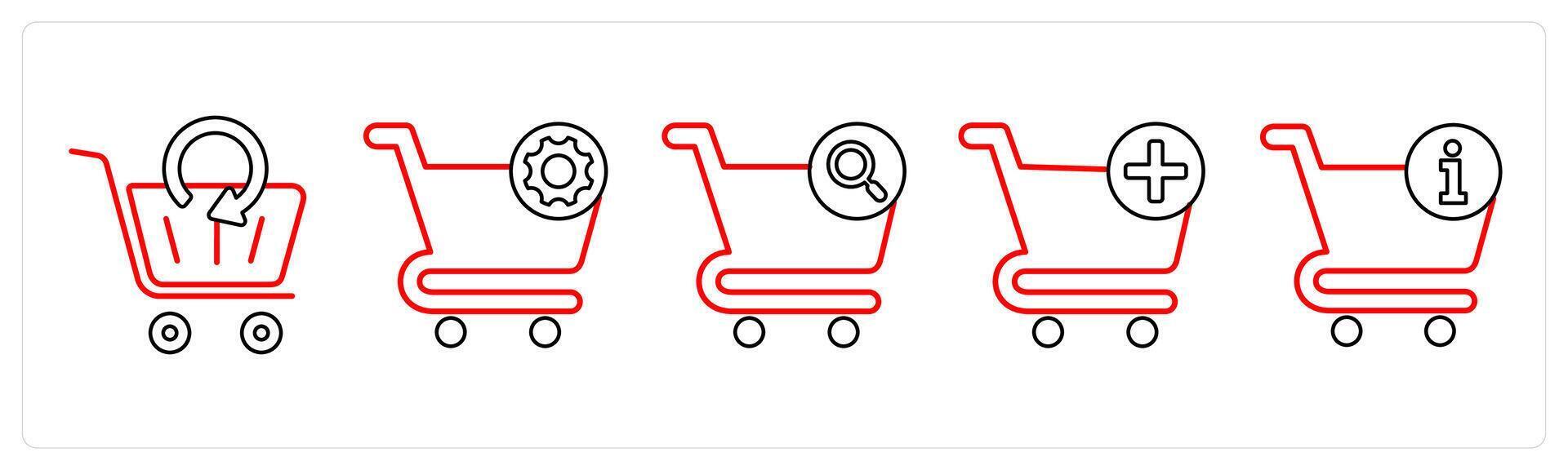 A set of 5 cart icons as update cart, cart setting, cart search in red line color vector