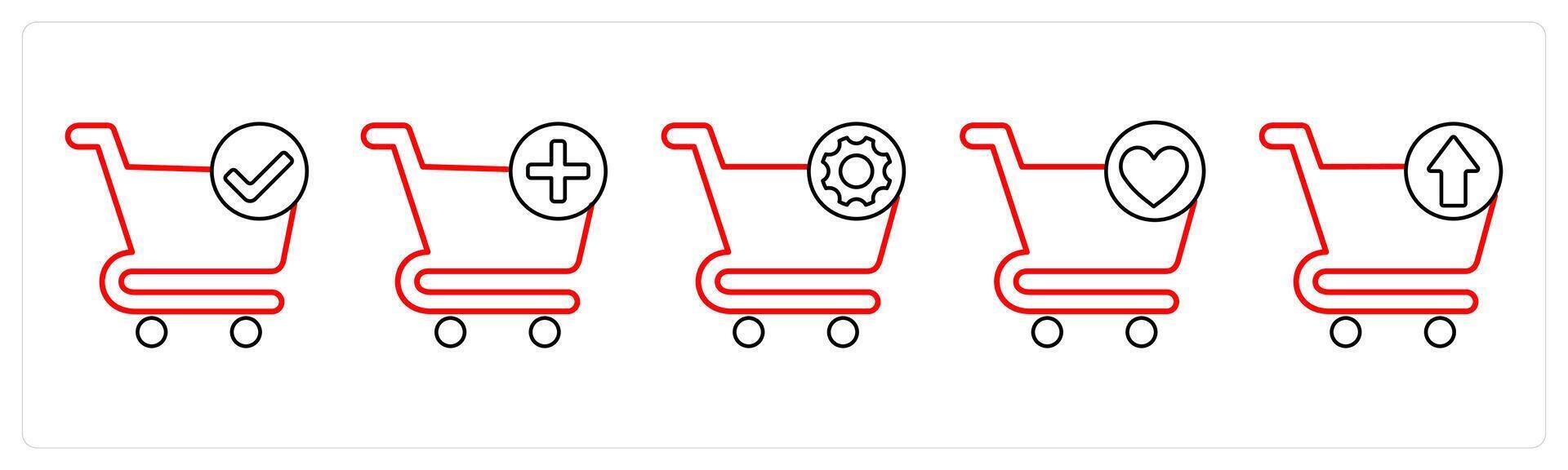 A set of 5 cart icons as verified cart, add to cart, cart setting in red line color vector