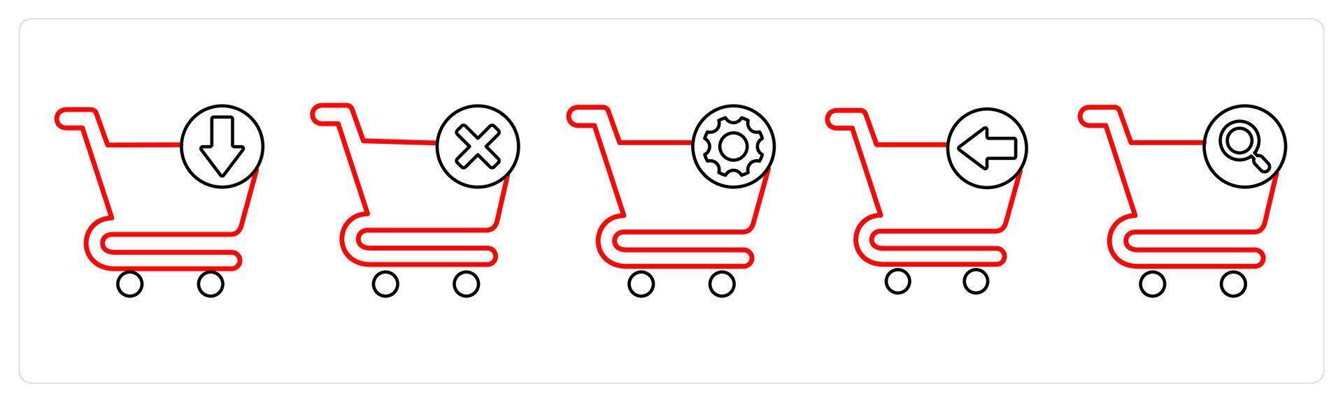 A set of 5 cart icons as download cart, delete cart, cart setting in red line color vector