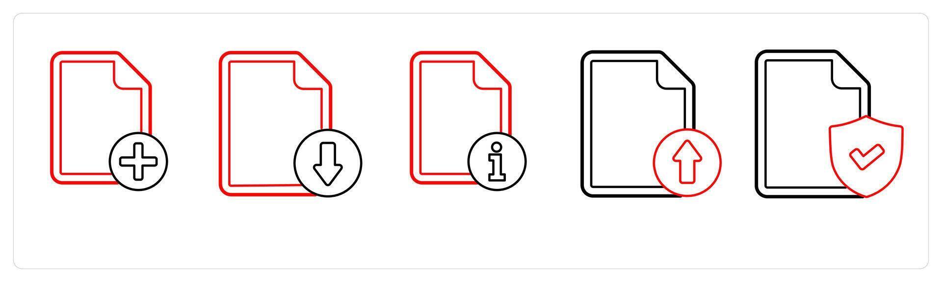 A set of 5 file icons as add file, download file, file information in red line color vector