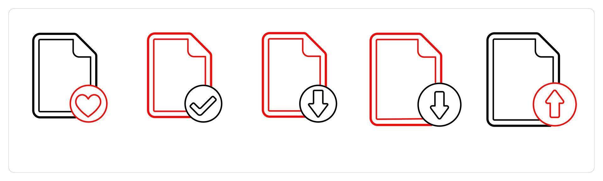 A set of 5 file icons as favorite file, verified file, download file in red line color vector