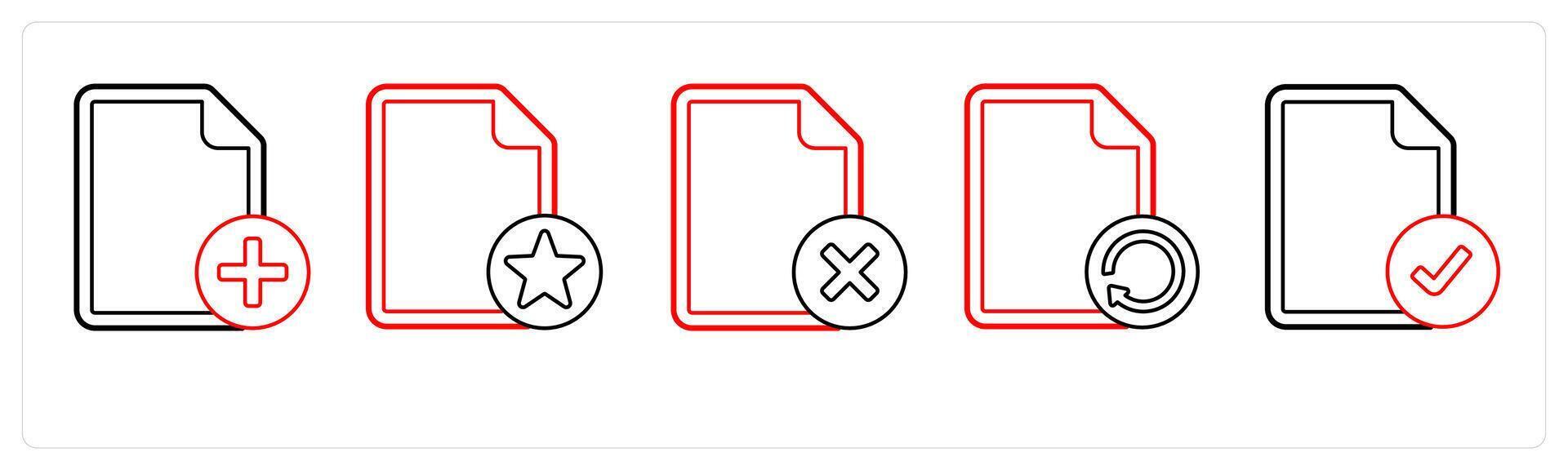 A set of 5 file icons as add document, star, wrong in red line color vector