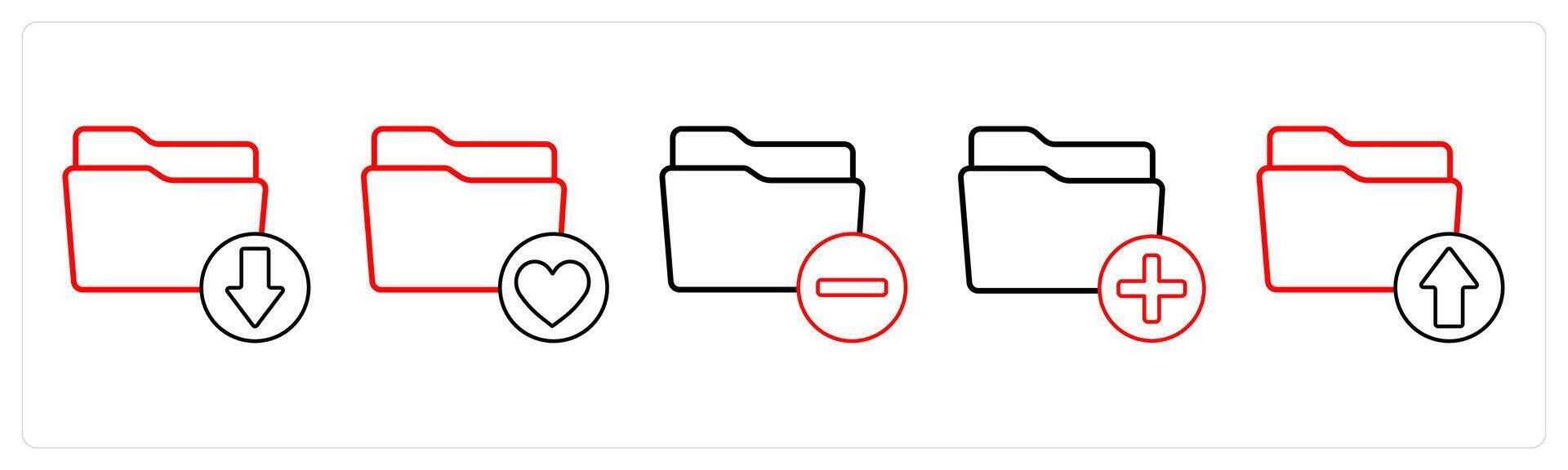 A set of 5 folder icons as download folder, favorite folder, remove folder in red line color vector