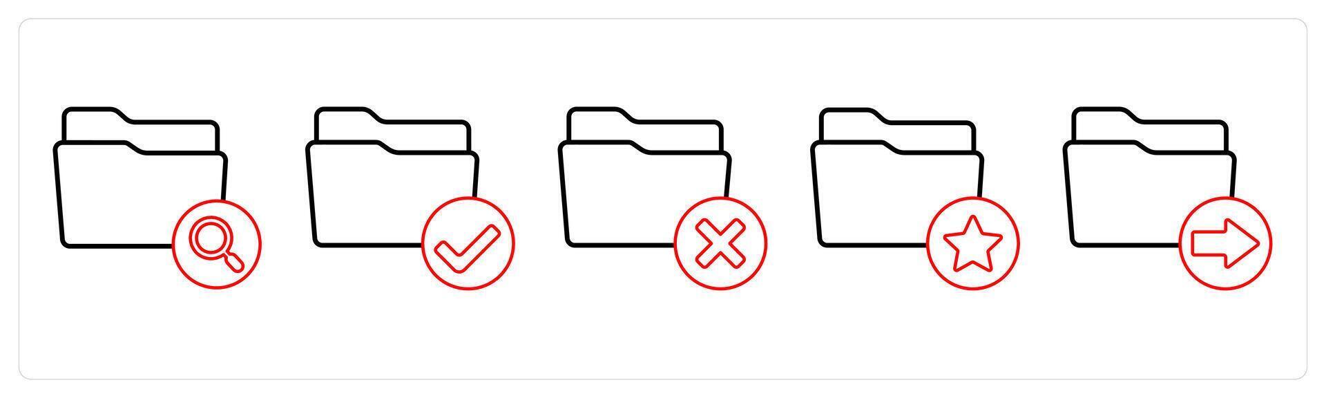 A set of 5 folder icons as search folder, verified folder, delete folder in red line color vector