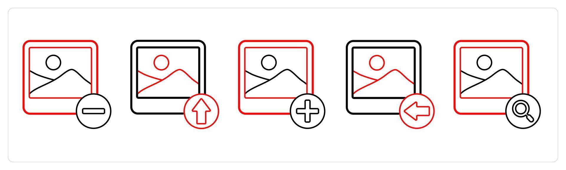 A set of 5 image icons as remove image, upload image, add image in red line color vector