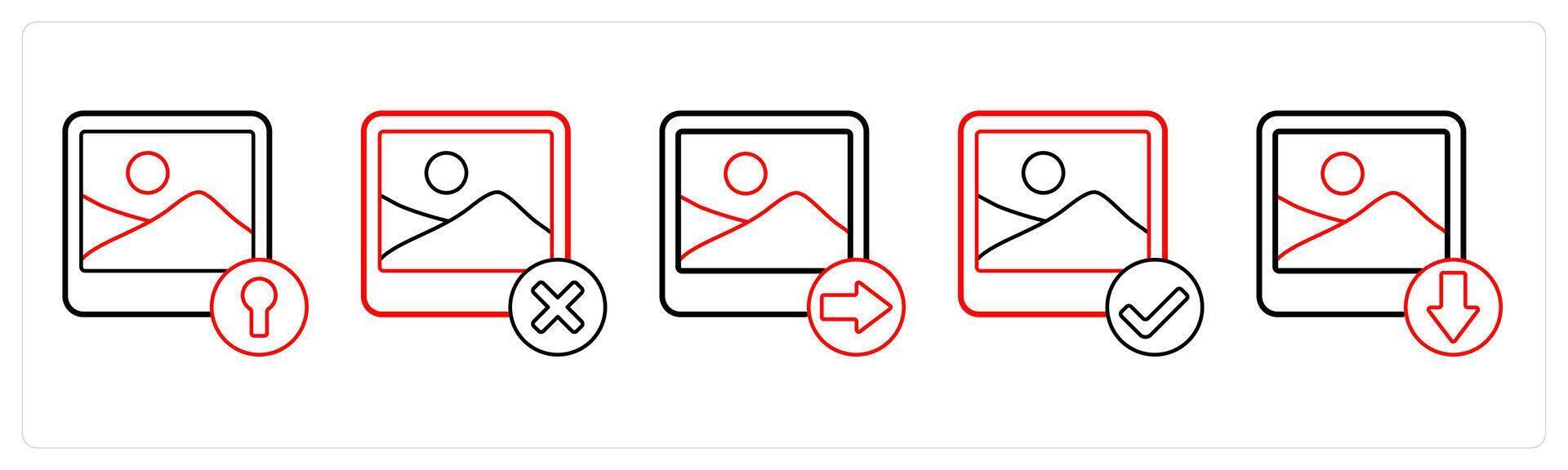 A set of 5 image icons as locked image, delete image, send image in red line color vector