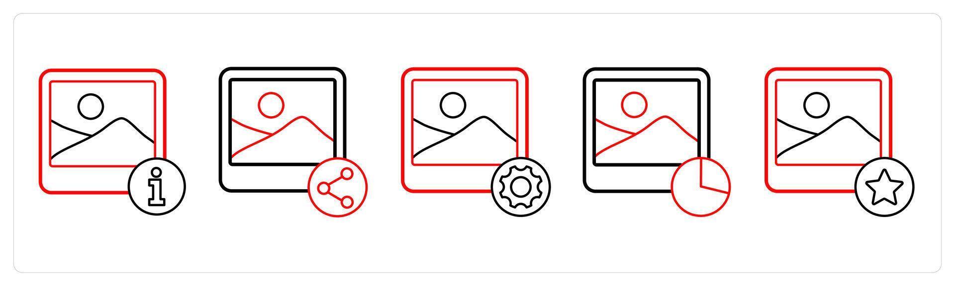 A set of 5 image icons as image information, share image, image setting in red line color vector