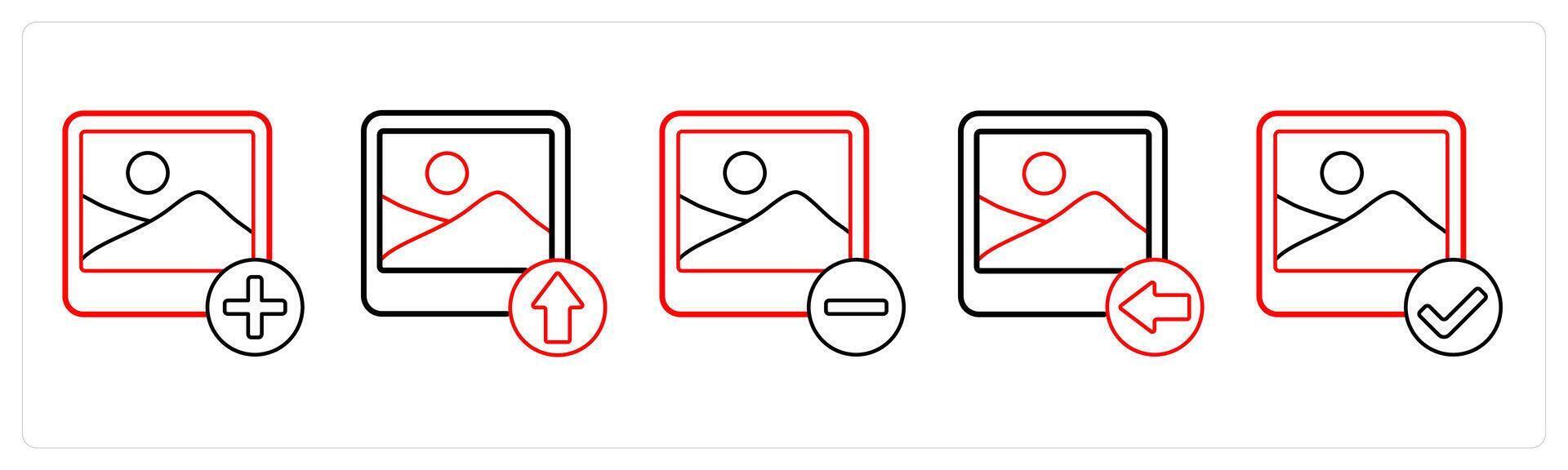 A set of 5 image icons as add image, upload image, remove image in red line color vector