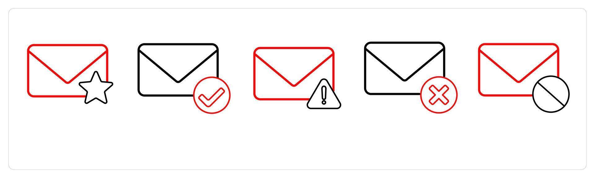 A set of 5 mail icons as star mail, verified message, error mail in red line color vector