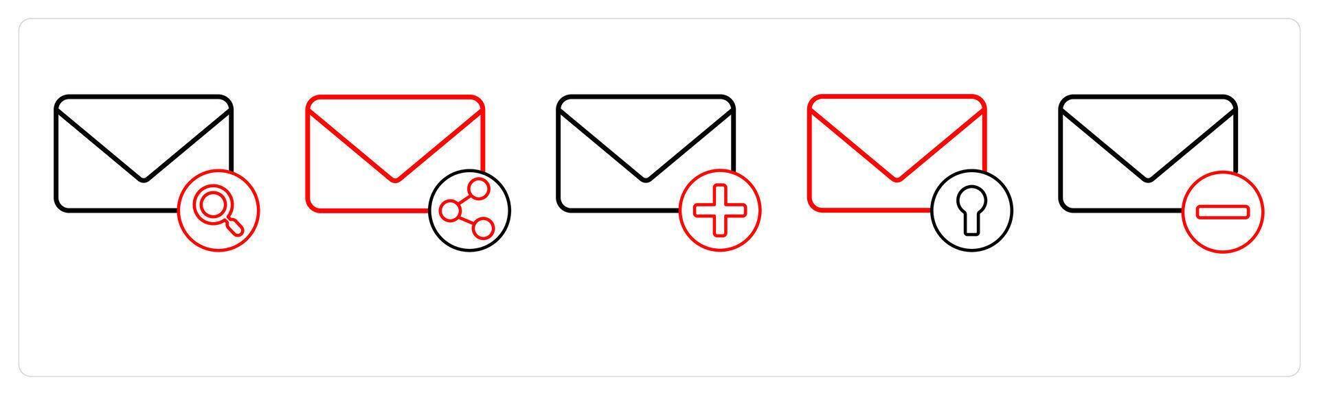 A set of 5 mail icons as search message, share mail, add message in red line color vector
