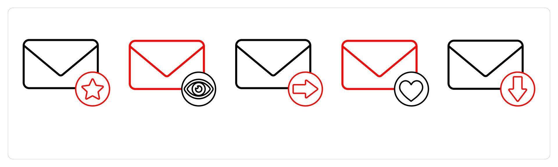 A set of 5 mail icons as star mail, view mail, send mail in red line color vector
