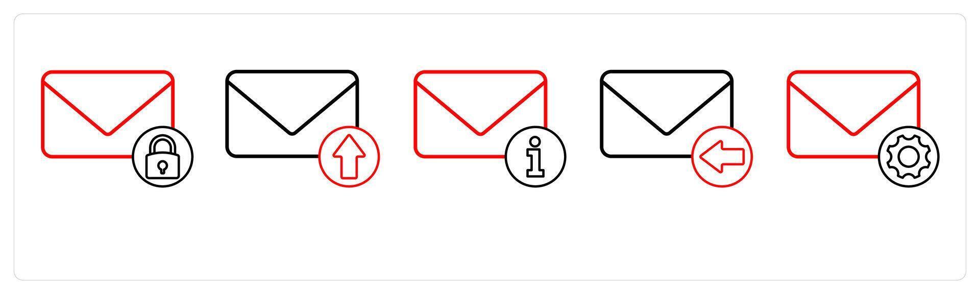 A set of 5 mail icons as mail security, send mail, mail information in red line color vector