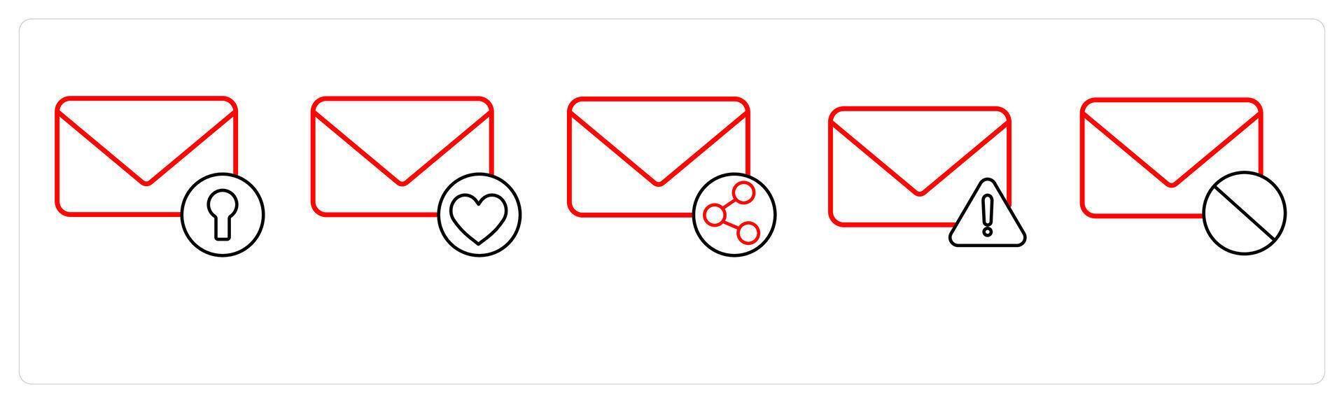 A set of 5 mail icons as secured mail, favorite mail, share mail in red line color vector
