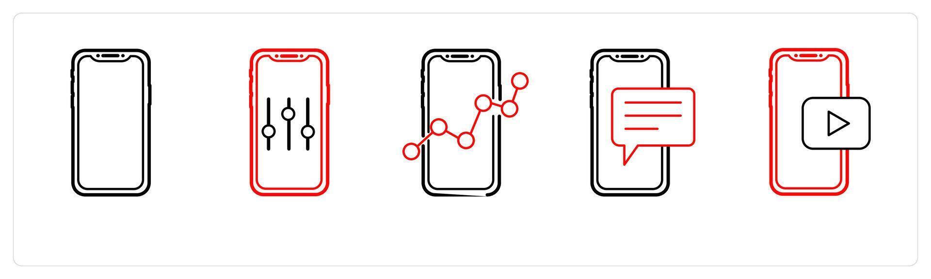 A set of 5 mobile icons as mobile, mobile setting, mobile analysis in red line color vector