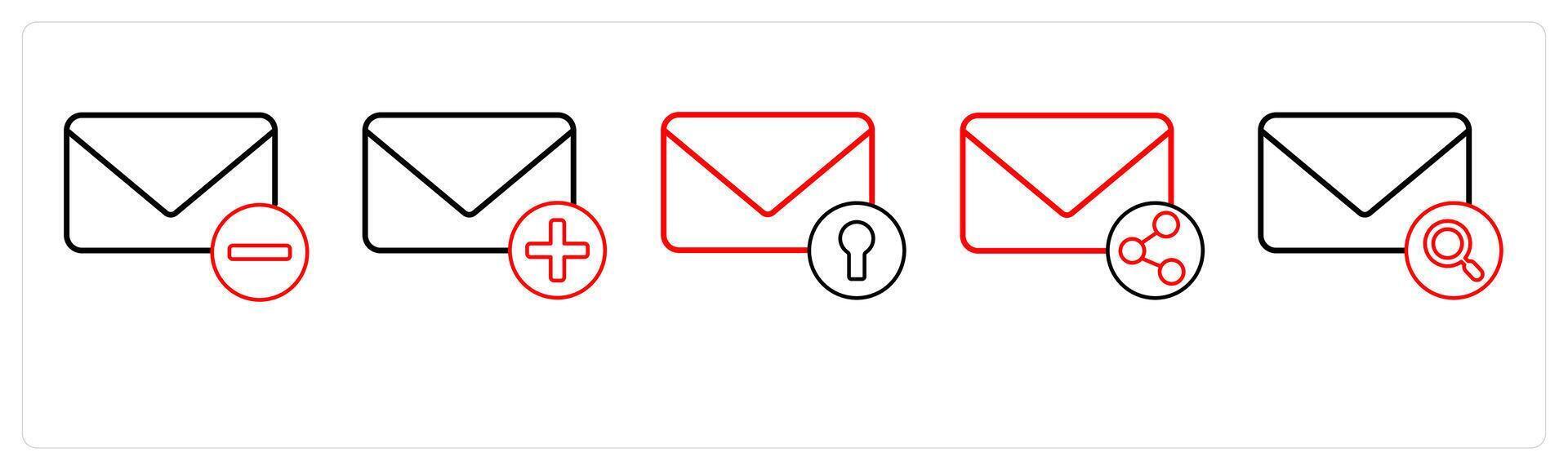 A set of 5 mail icons as remove message, add message, secured mail in red line color vector