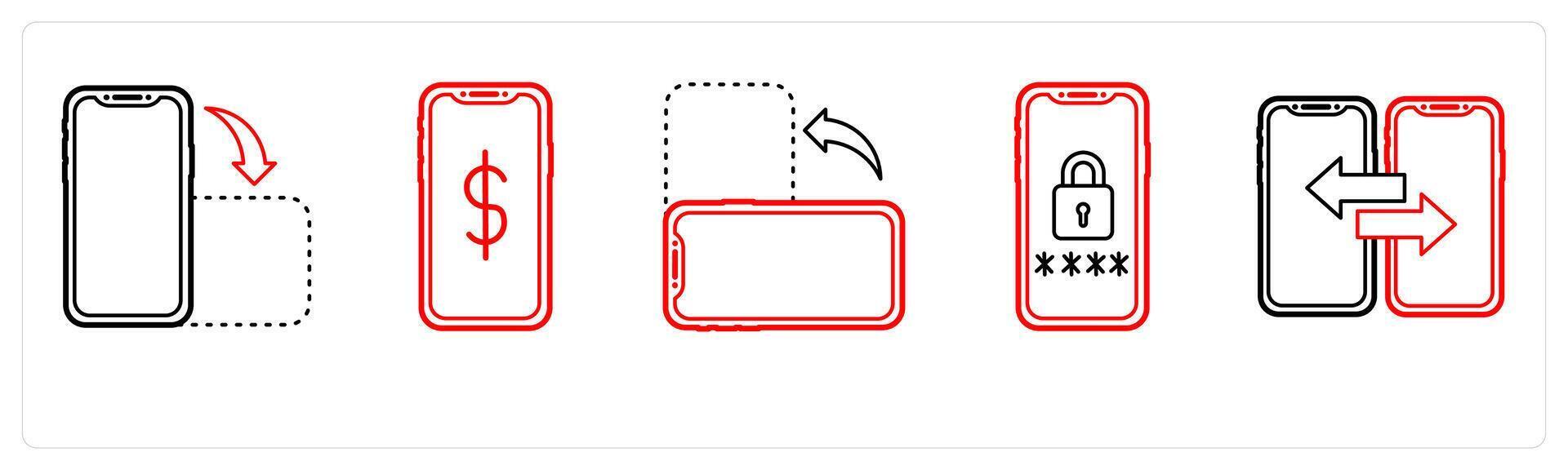 A set of 5 mobile icons as portrait, e currency, landscape in red line color vector