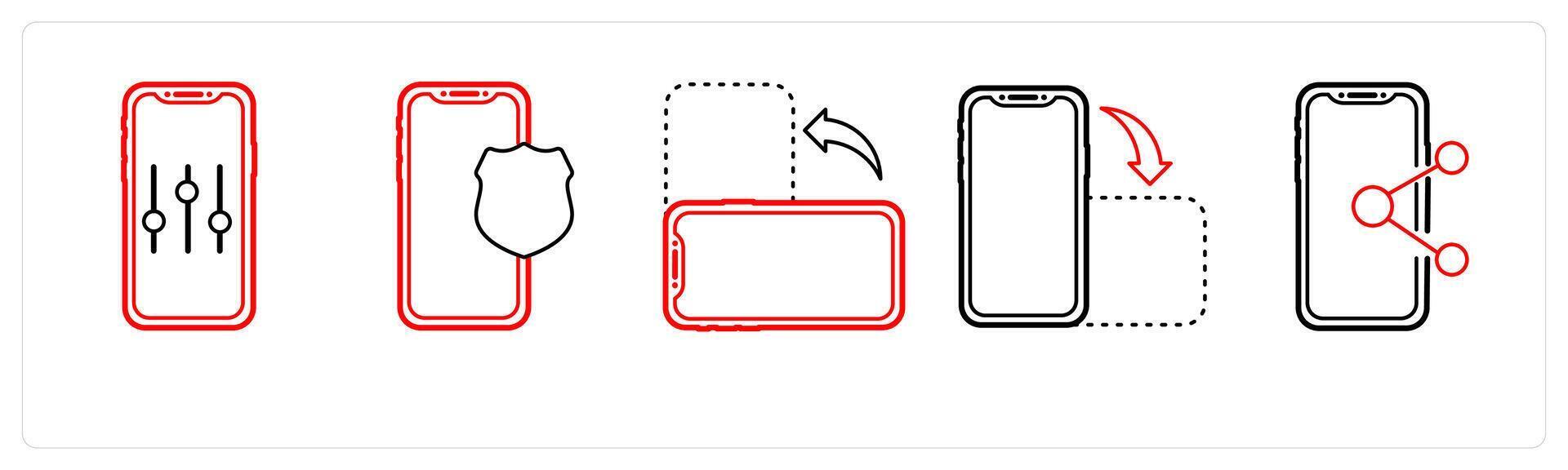 A set of 5 mobile icons as mobile setting, landscape, portrait in red line color vector