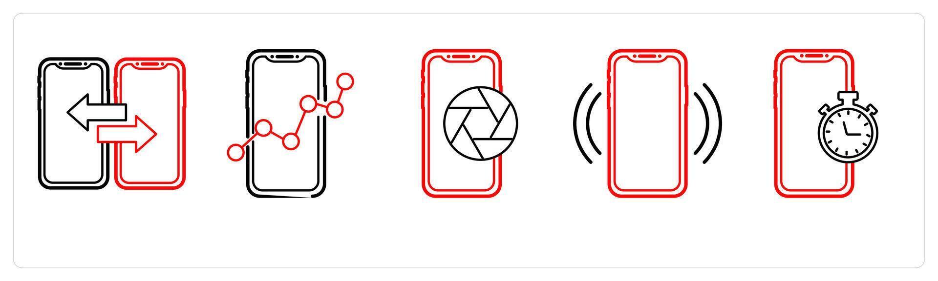 A set of 5 mobile icons as mobile transfer, mobile analysis, capture in red line color vector