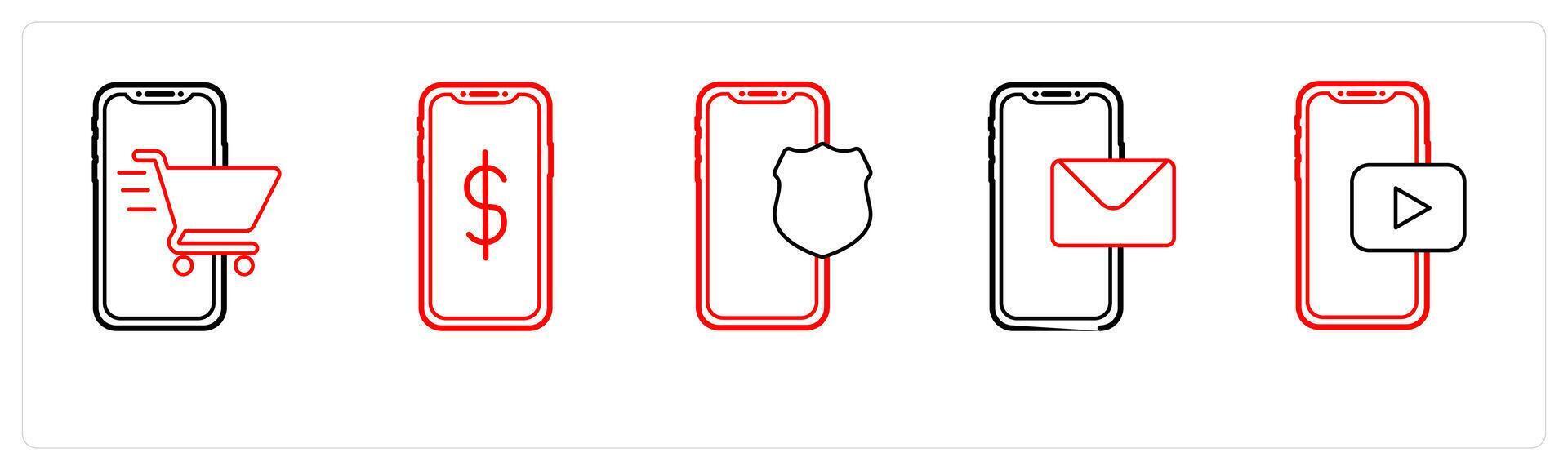 A set of 5 mobile icons as m shopping, e currency, mobile security in red line color vector