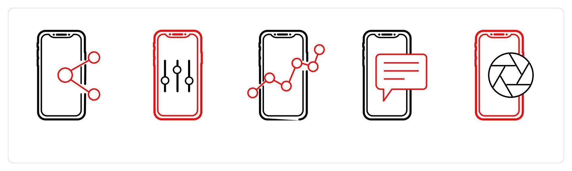 A set of 5 mobile icons as mobile share, mobile setting, mobile analysis in red line color vector