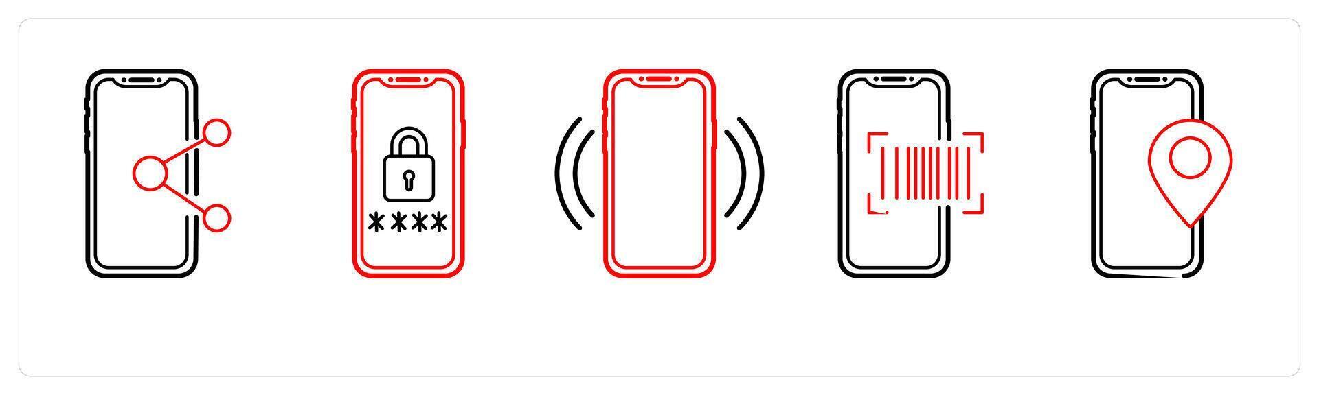A set of 5 mobile icons as mobile share, mobile security, mobile network in red line color vector