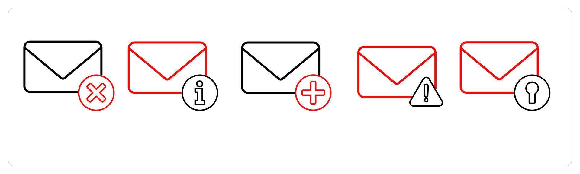 A set of 5 mail icons as delete message, mail information, add message in red line color vector