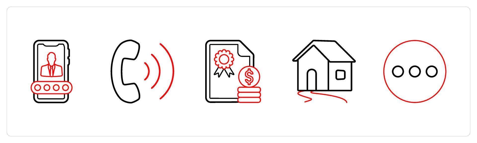 A set of 5 mix icons as user account, dialing, certified money in red line color vector