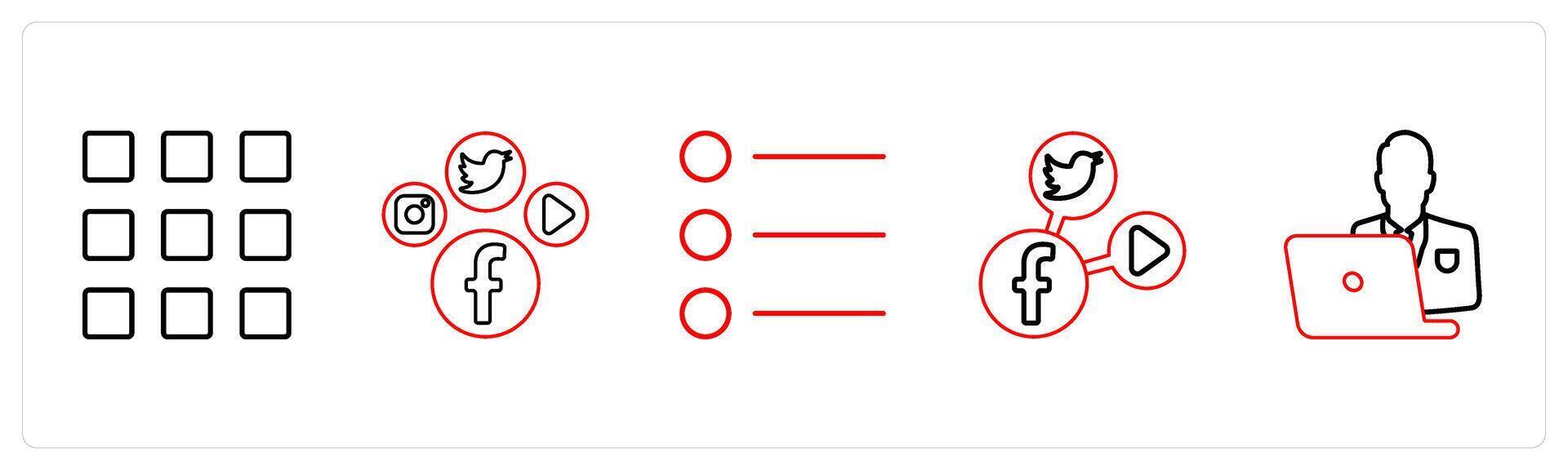 A set of 5 mix icons as square grid, social media, list bullets in red line color vector
