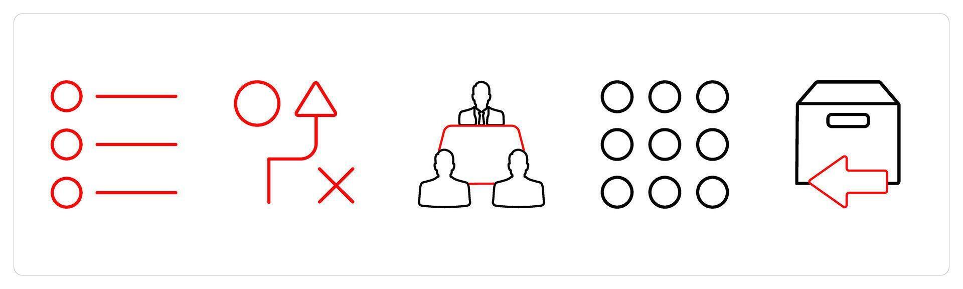 A set of 5 mix icons as list bullets, wrong route, meeting room in red line color vector