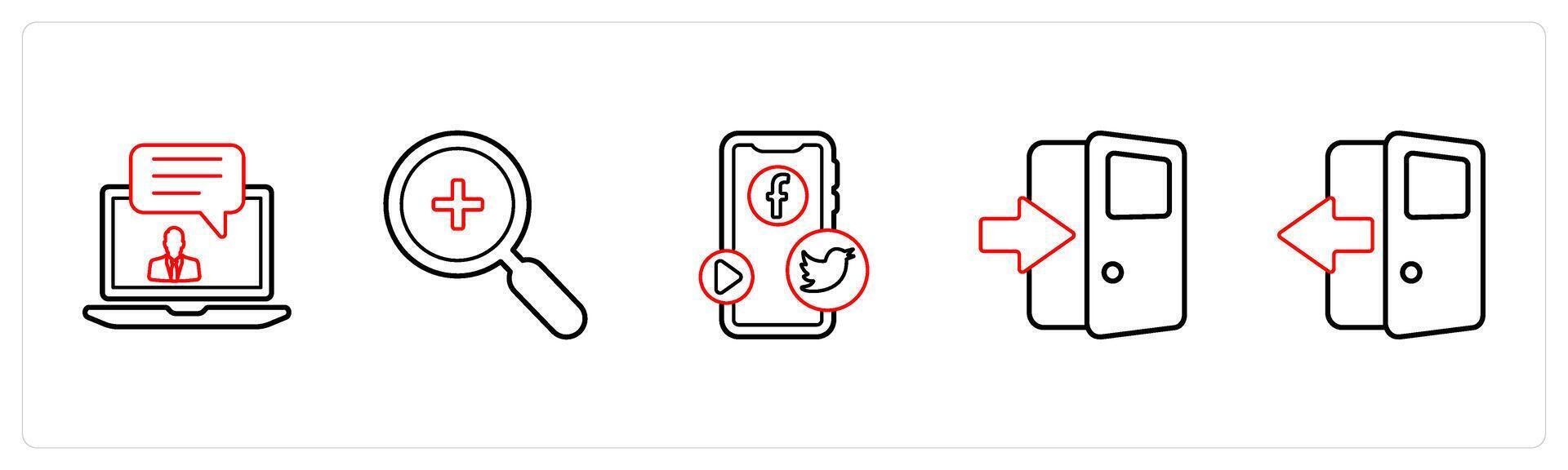 A set of 5 mix icons as message, magnifier, social media mobile in red line color vector