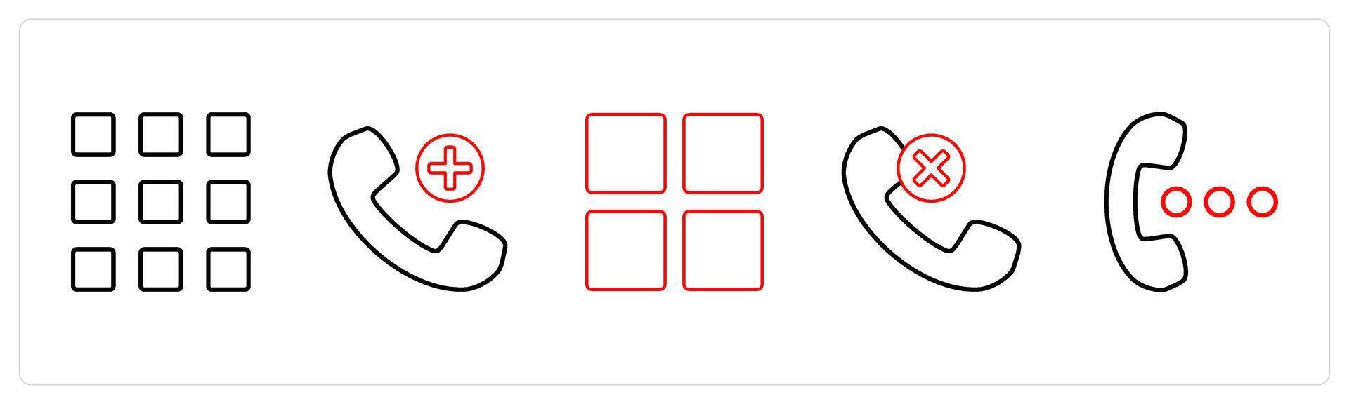 A set of 5 mix icons as square grid, add call, grid in red line color vector