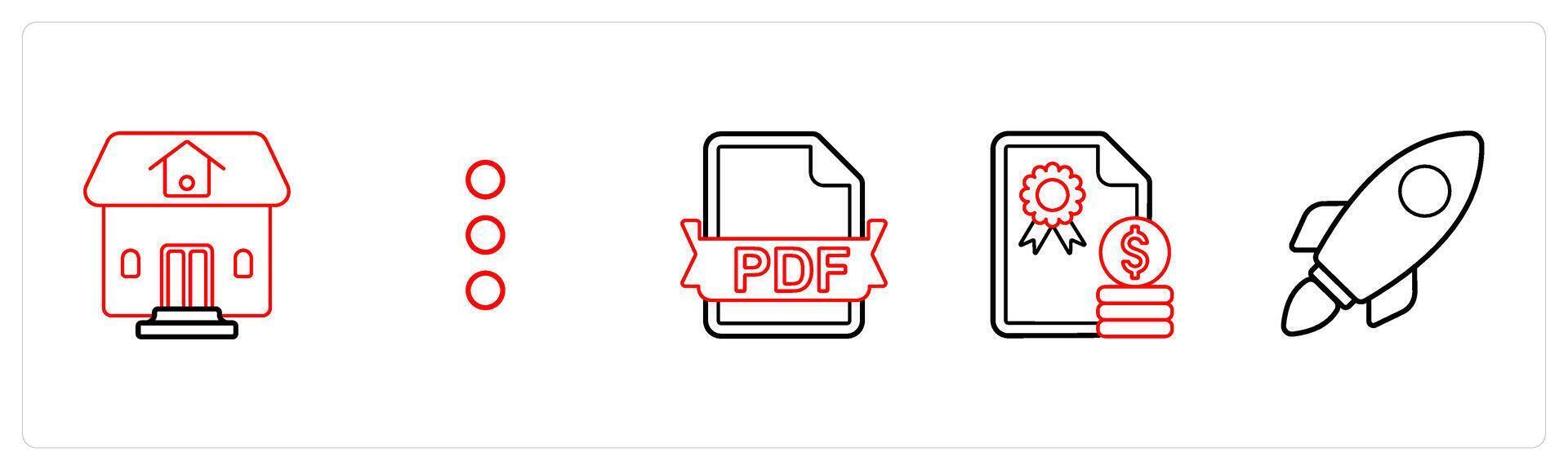 A set of 5 mix icons as residential property, vertical dots, pdf file in red line color vector